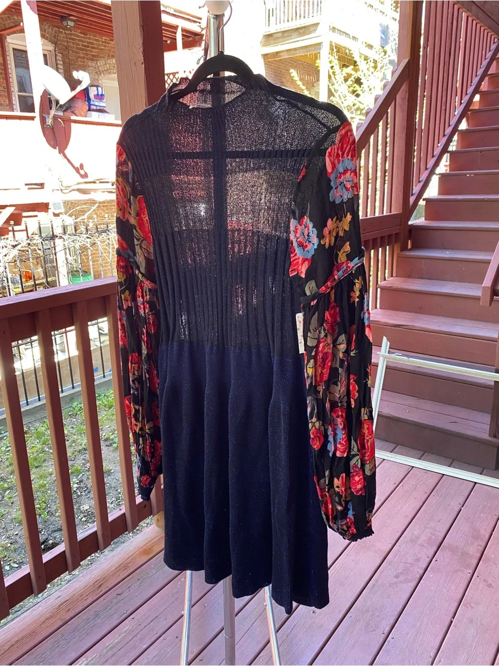 Free People Black Dress with Red Floral Sleeves